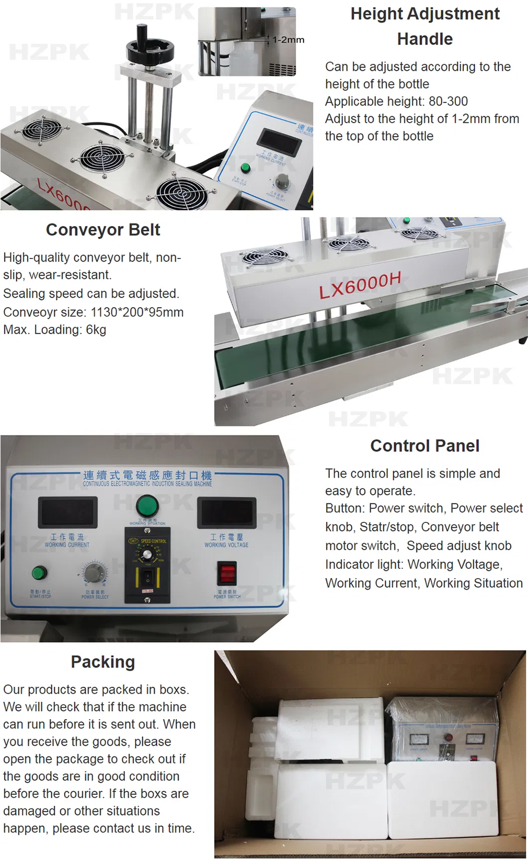 Hzpk Lx6000h Automatic Horizontal Auto Cap Aluminum Foil Food Induction Sealing Packaging Machine