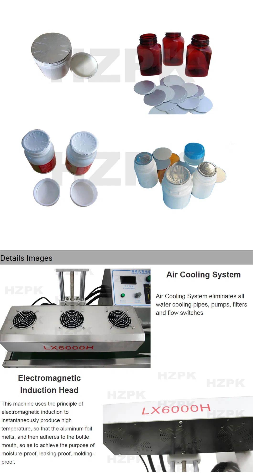 Hzpk Lx6000h Automatic Horizontal Auto Cap Aluminum Foil Food Induction Sealing Packaging Machine